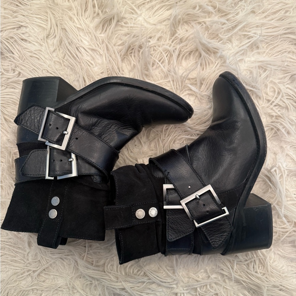 Zadig & Voltaire Black Leather Ankle Boots with Buckles